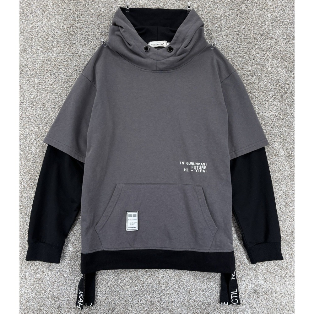 GURUNVANI Contrast Color Pullover Hoodie Mens XS Gray Black‎ Layered Sleeve